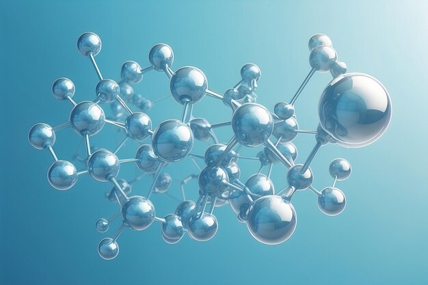 3D glasmoleculen of atomen op lichtblauwe achtergrond Concept van biochemie