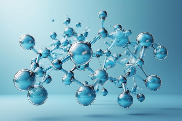 3D glasmoleculen of atomen op lichtblauwe achtergrond Concept van biochemie