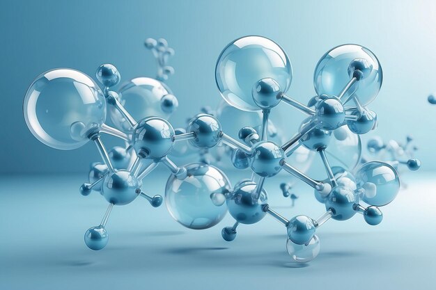 3D glasmoleculen of atomen op lichtblauwe achtergrond Concept van biochemie