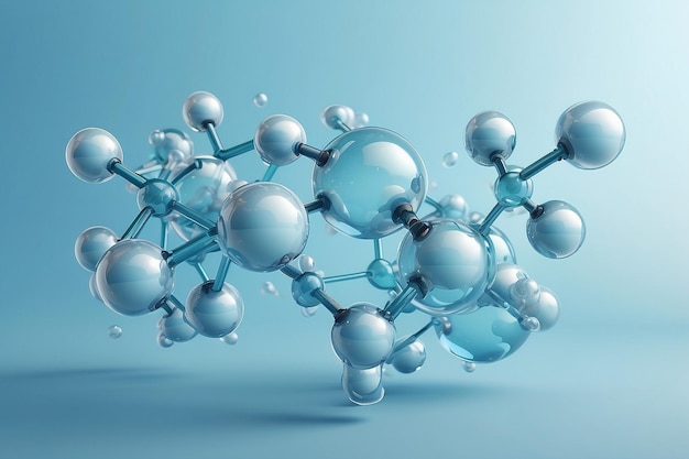 3D glasmoleculen of atomen op lichtblauwe achtergrond Concept van biochemie