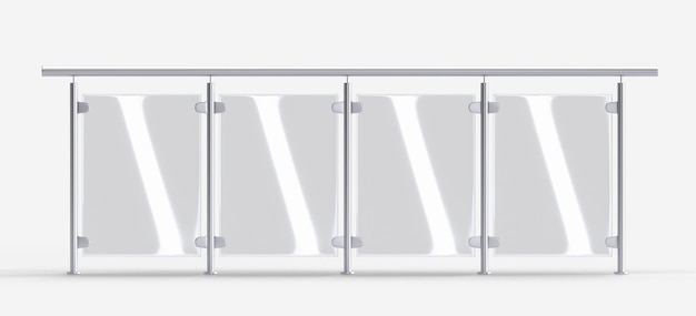 3D Glass balustrade with metal banister front view Mockup clear fence of acrylic or plexiglass for balcony terrace or pool Barrier with steel handrails isolated on white background