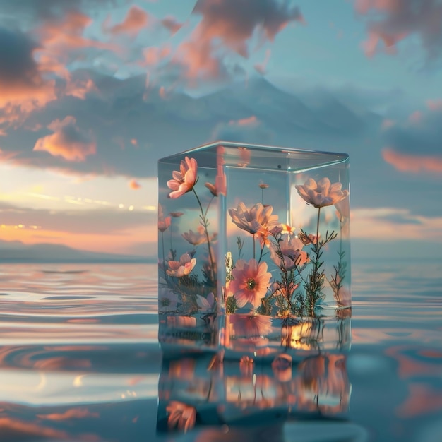 写真 3dガラスの立方体で花が水面に浮かんでいます