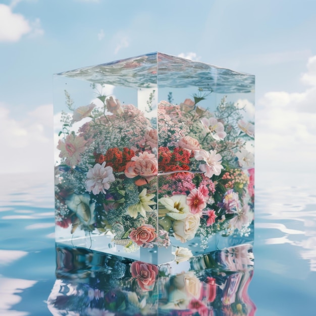 3D glass cube with flowers on the water