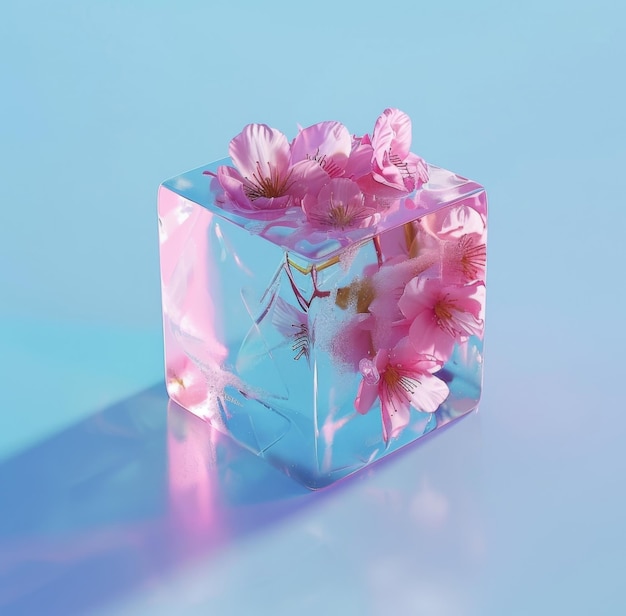 3D glass cube with pink flowers on a blue background