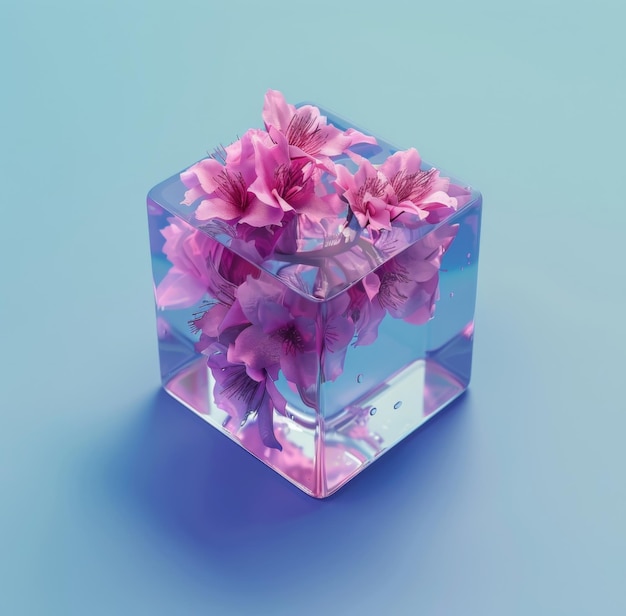 3D glass cube with pink flowers on a blue background