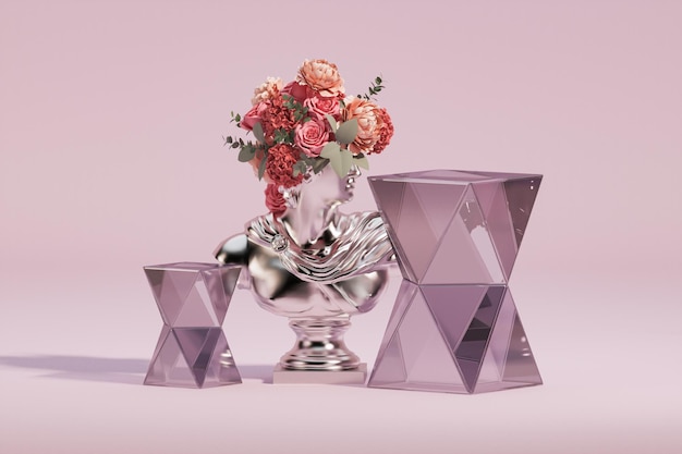 3D 유리 연단 디스플레이, 꽃이 있는 파스텔 보라색 배경. 그리스 사람, 석상.