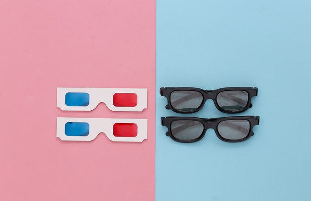 Photo 3d glasses on pink blue. entertainment