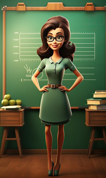 3D glimlachend cartoon personage van vrouwelijke leraar met bord