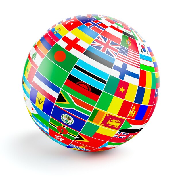 Foto sfera del globo 3d con le bandiere del mondo su bianco