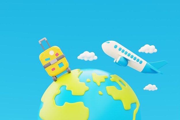 3D globe with airplane flying in clouds and suitcase global transport Tourism and travel concept holiday vacation worldwide trip journey 3d rendering