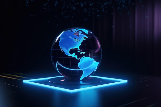 A 3d globe with blue neon lights