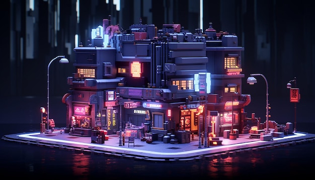 Foto 3d gloeiende voxel diorama van cyberpunk stad straathoek 's nachts blender art