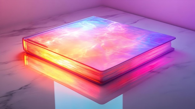 3Dホログラフィック・ノートブック (Glossy Holographic Notebook) は光を反射するテーブルの上に置かれたホログラミックなノートボックです
