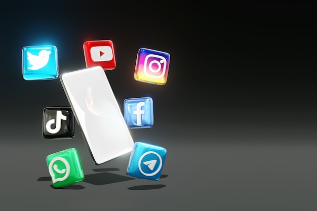 3d glossy social media logos and phone with dark background