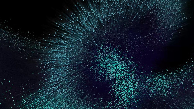 Foto esplosione di particelle di colore ciano incandescente 3d su sfondo nero