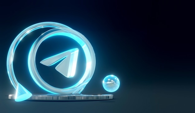 Photo 3d glowing glass telegram social media logo on podium with dark background