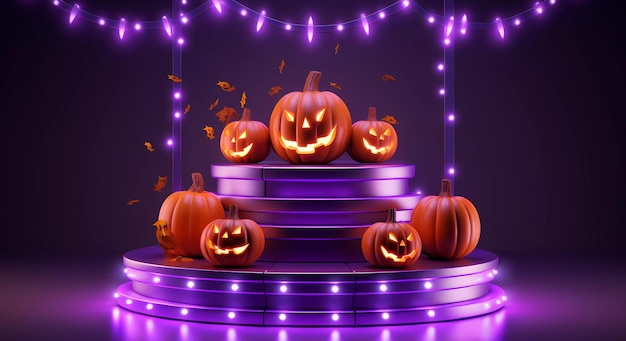 3D glowing podium for Halloween celebration with pumpkins