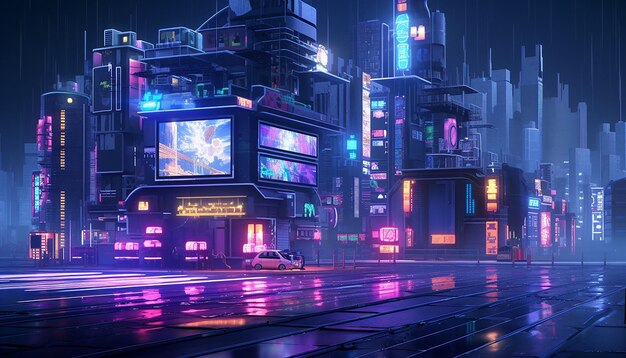 3d glowing voxel diorama of cyberpunk city street corner at night blender art