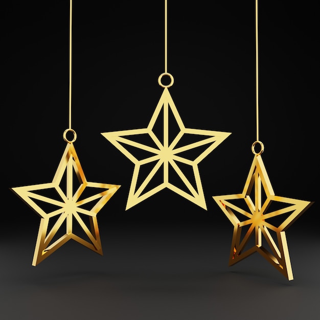 3d Gold Christmas Star Ornament on Black Background