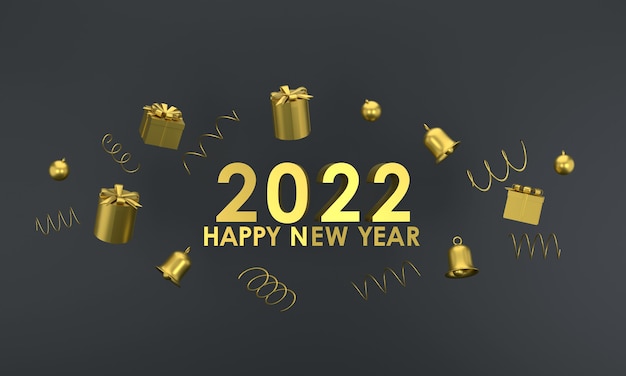 3d. gold color happy new year 2022 and christmas. gift box, bell on red background