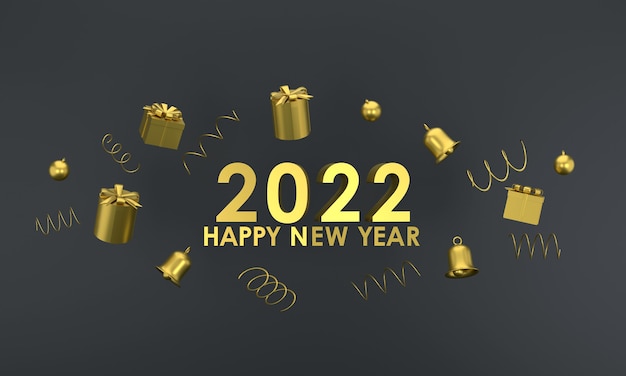 3D. gold color happy new year 2022 and christmas. gift box, bell on red background