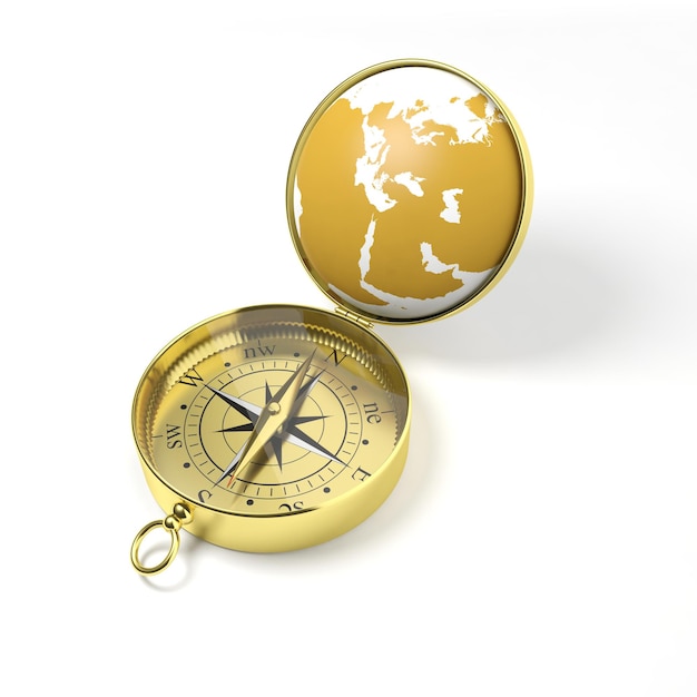Photo 3d gold compass on white background