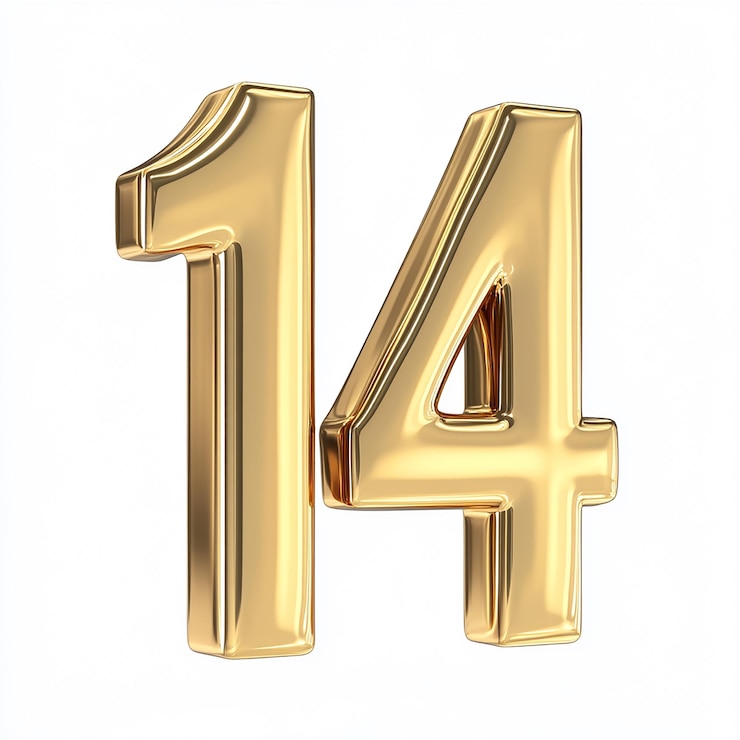 Photo 3d gold number 14 isolated on white background