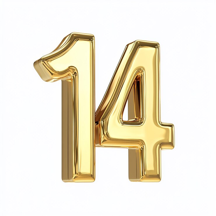 Photo 3d gold number 14 isolated on white background