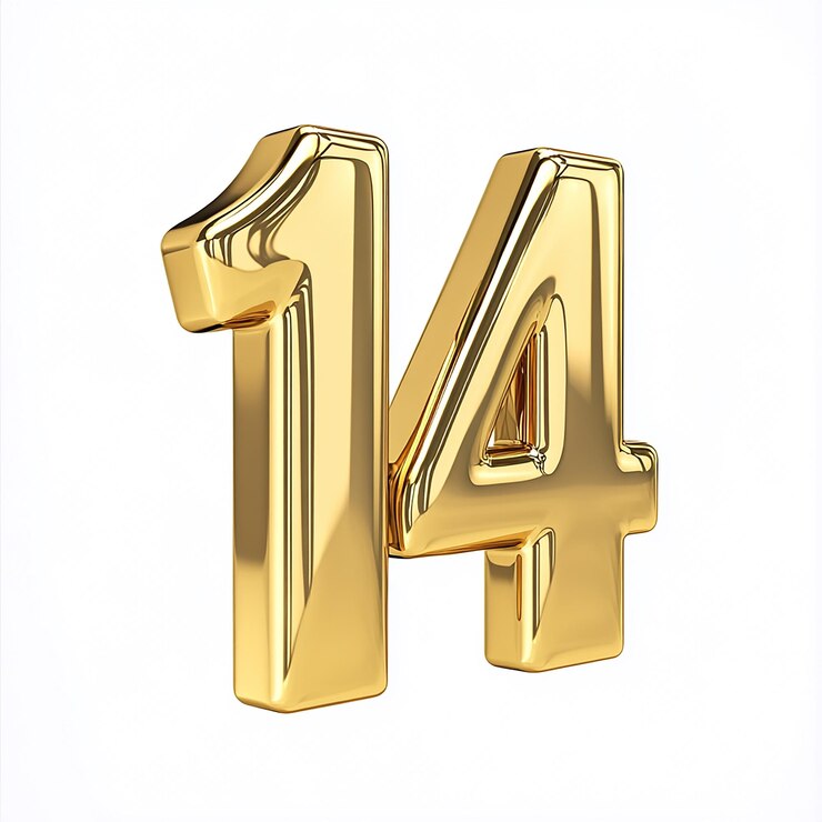 Photo 3d gold number 14 isolated on white background