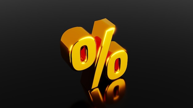 3d gold percent symbol with reflection on the floor 3d rendering illustration