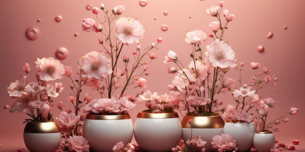 3Dゴールドとピンクのゴミ箱 植物と花瓶 活気のある舞台の背景 豪華な幾何学 ライトピー