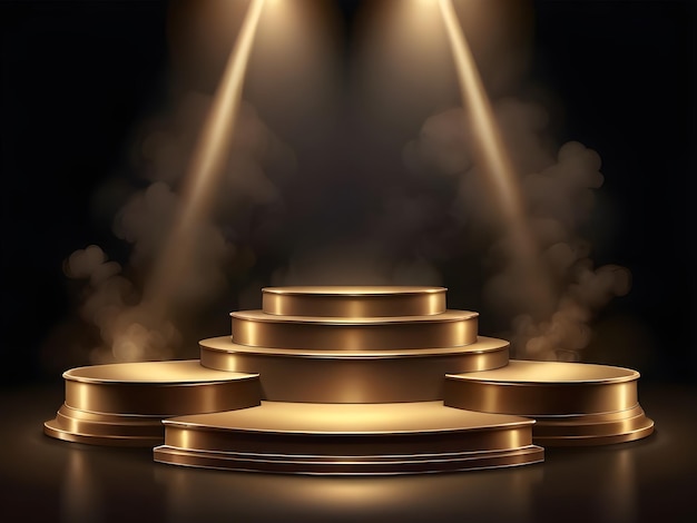 3D Gold podium on dark background with smoke with glow sportlight with podium display background