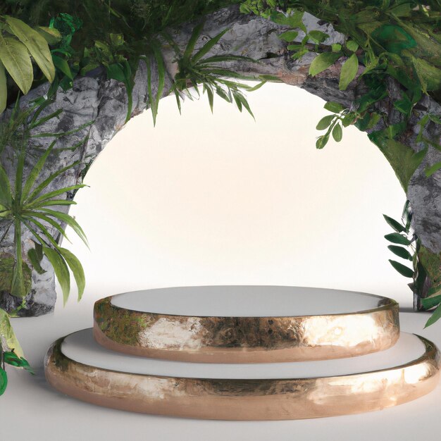 3d gold podium mockup for product presentation decorated with\
plant, leaves, rock 3d rendering