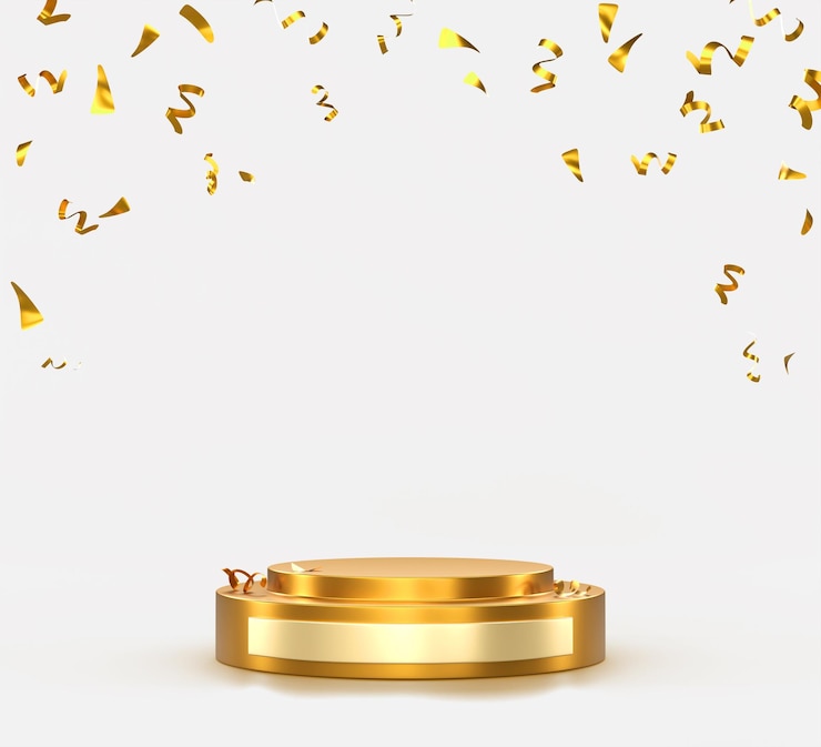 Photo 3d gold podium with falling confetti render background prize winner award ceremony stage or luxury product presentation golden metal round pedestal scene with flying glitter ribbon