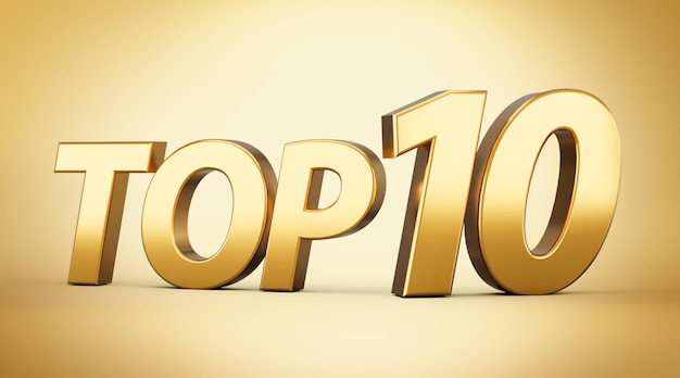 Фото 3d gold shiny top 10 text top ten 3d text isolated on golden background 3d illustration