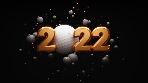 3d golden 2022 font con palla da discoteca bianca e palline decorate su sfondo nero.