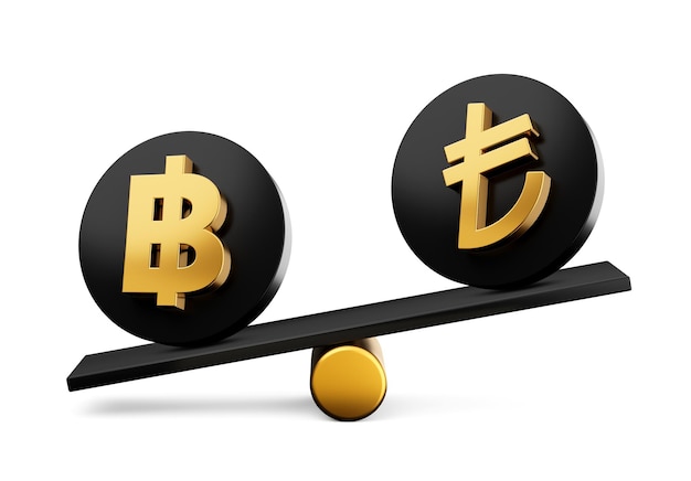 3d Golden Baht And Lira Symbol On Rounded Black Icons With 3d Balance Weight Seesaw 3d illustration