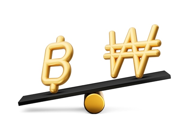 3d Golden Baht And Won Symbol Icons With 3d Black Balance Weight Seesaw 3d illustration