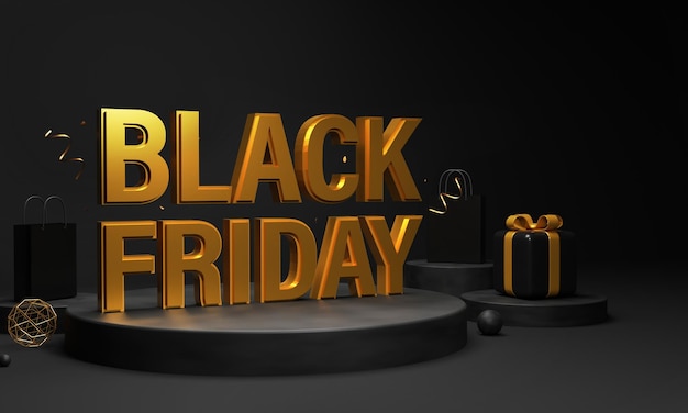 3D Золотая черная пятница Текст с подарочной коробкой Сумки над подиумом Черный фон Рекламный баннер Дизайн