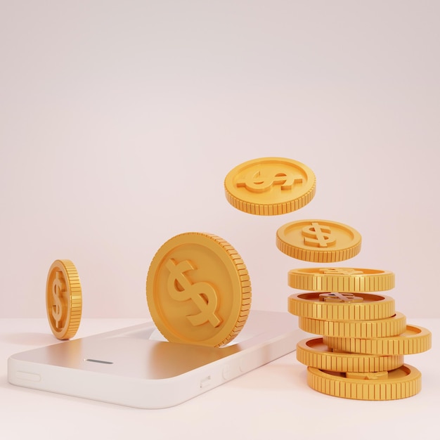 Foto monete d'oro 3d che cadono sul telefono cellulare per l'internet mobile banking