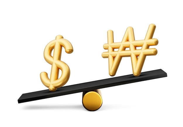 3d Golden Dollar And Won Symbol Icons With 3d Black Balance Weight Seesaw 3d illustration