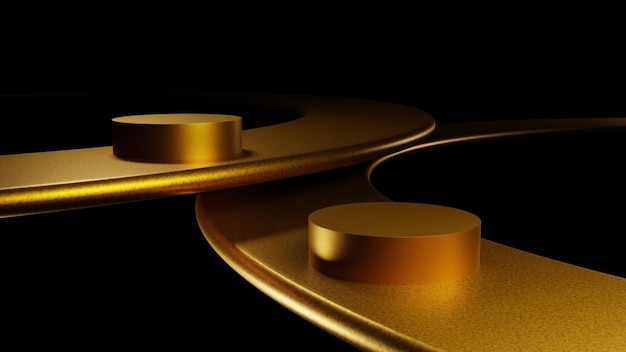 3D Golden empty platform for product showcase, gold ring and podium mockup or pedestal display