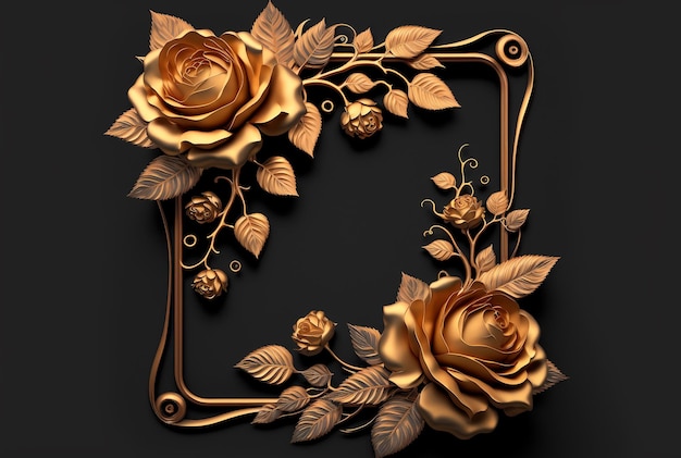 Photo 3d golden frame of roses on a dark background with copy space for creative designs