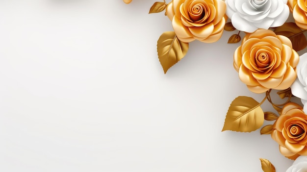 3d golden frame of roses on a white background with copy space for creative designs