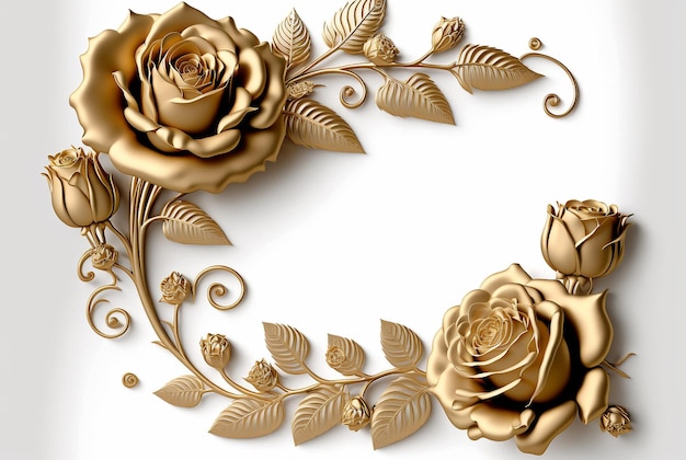 3d golden frame of roses on a white background with copy space for creative designs