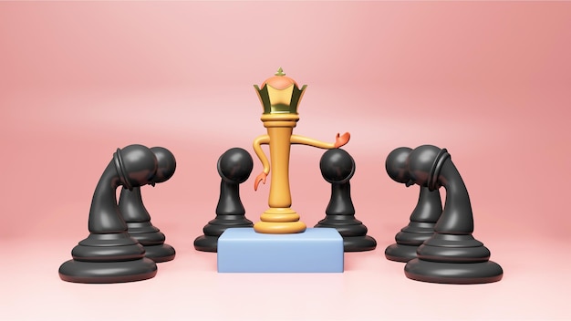 3D Golden King Chess Over Podium And Pawn Piece On Glossy Pink Background