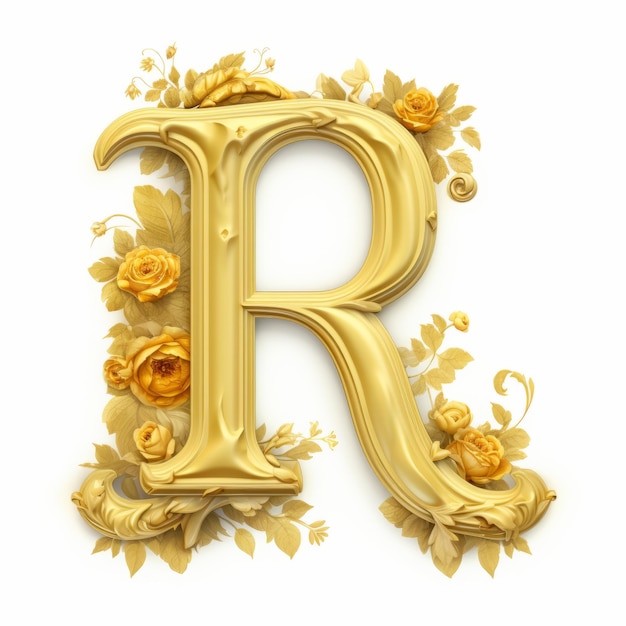 Foto 3d golden letter r with flowers classicism clipart in yellow (lettera dorata r con fiori)