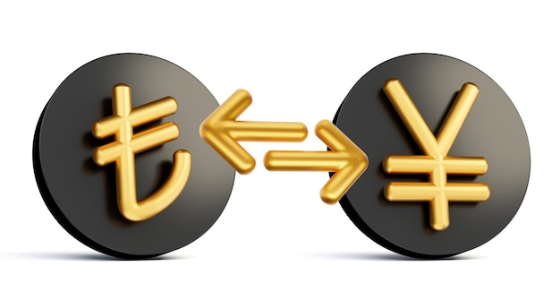 3d Golden Lira And Yen Symbol On Rounded Black Icons With Money Exchange Arrows 3d illustration