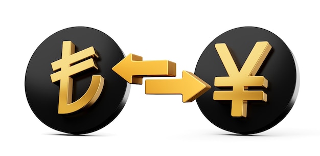 3d Золотая лира и символ иены на округлых черных значках со стрелками обмена денег 3d иллюстрация