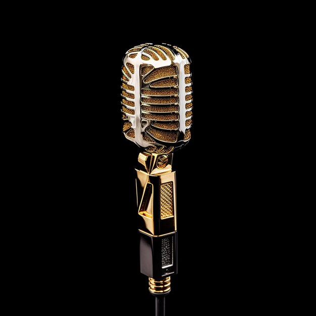 Photo 3d golden microphone with black background